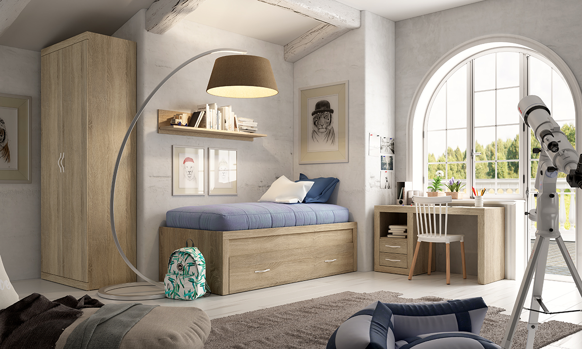 Dormitorio juvenil con cama nido, escritorio y armario.